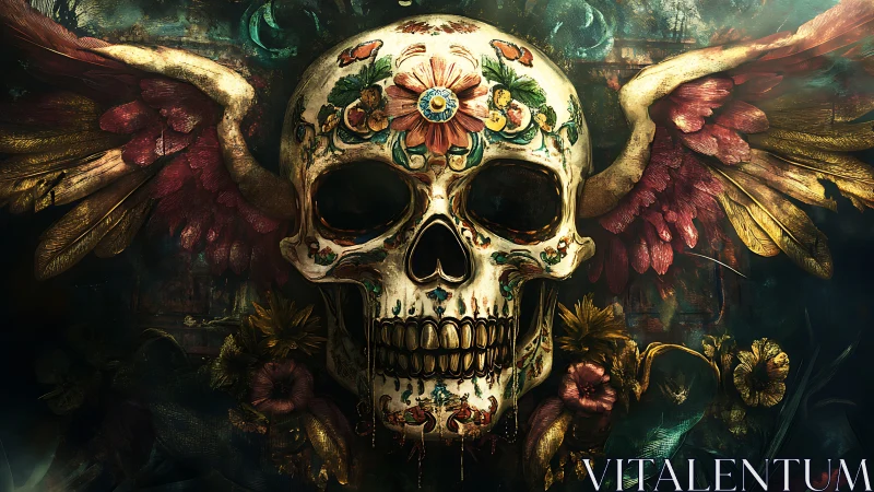 Winged floral skull glowing in a dreamlike twilight bloom.