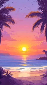 Tropical shoreline sunset with stylized palm silhouettes and surf