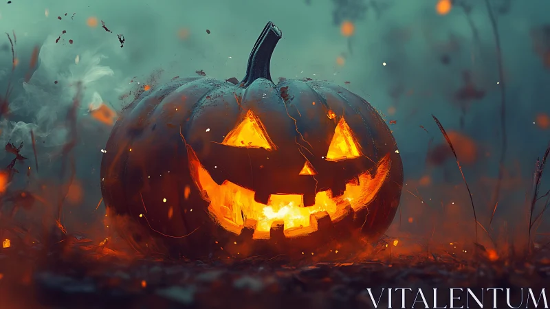 Glowing jack o’lantern smiles warmly in a misty autumn night