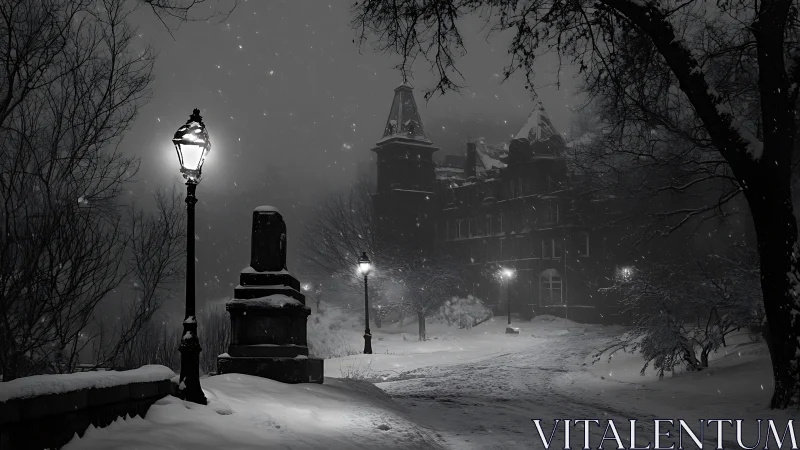 Snow-covered park path with lamps and distant building at night.