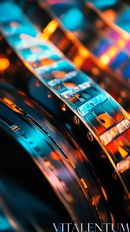 Macro closeup of perforated 35mm film reels in teal orange light