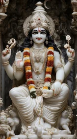 Marble Hindu deity sculpture with ornate gilded relief detailing.