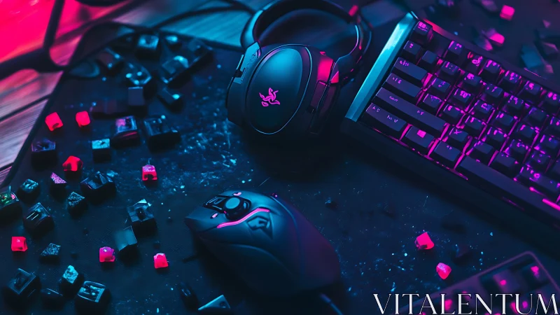 Neon-lit gaming headset, mouse and keyboard on dark desk.