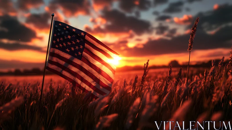 United States flag stands in a field during low sun conditions