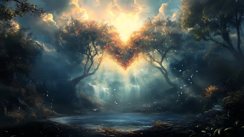 Illuminated Forest Canopy with Cascading Waterfall and Luminescent Heart Formation