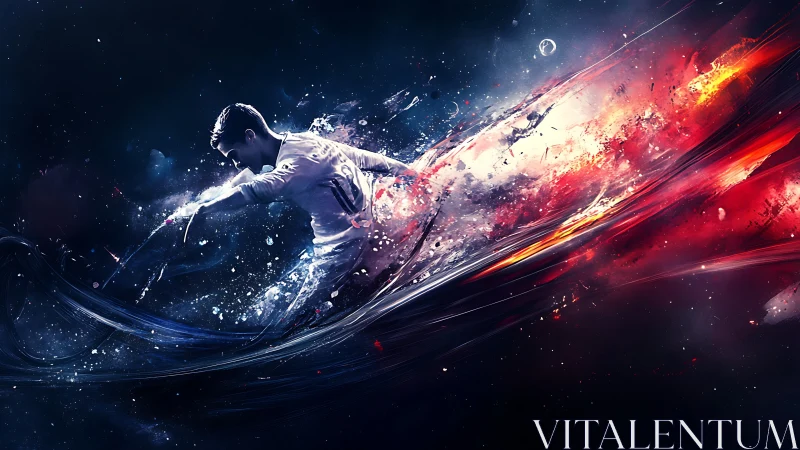 Dynamic soccer player bursts through cosmic light trail