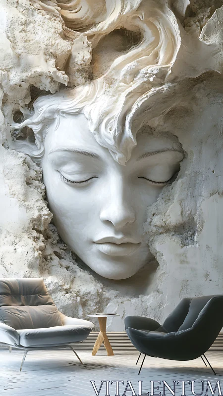 Serene sculpted face watching over a calm modern lounge.
