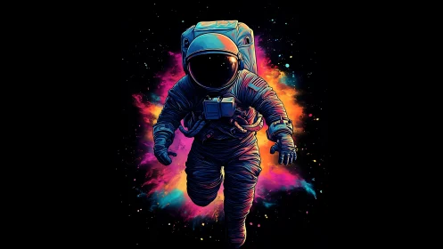 Astronaut floating in neon cosmic cloud against black space.