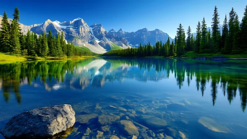 Mountain lake reflects pine forest and distant snow peaks clearly