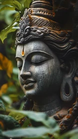 Serene stone deity head rests in lush, sunlit foliage