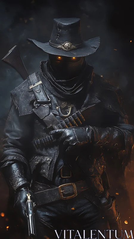 Smoldering gunslinger wreathed in ash, eyes burning gold.