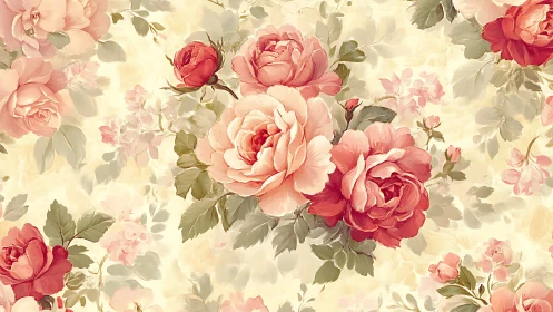 Pink and Red Roses on Cream Background Pattern.