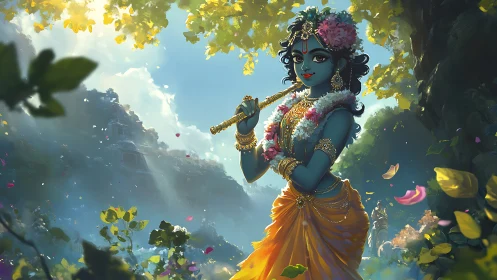 Flute song beneath golden leaves in a dreamy forest grove.