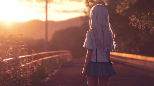 Girl stands on quiet path at warm orange sunset light.