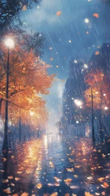 Rain-swept autumn boulevard under glowing streetlights at dusk.