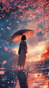 Umbrella dreams beneath blazing cherry blossom twilight sky.