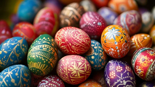 Photorealistic macro study of ornate painted Easter eggs.