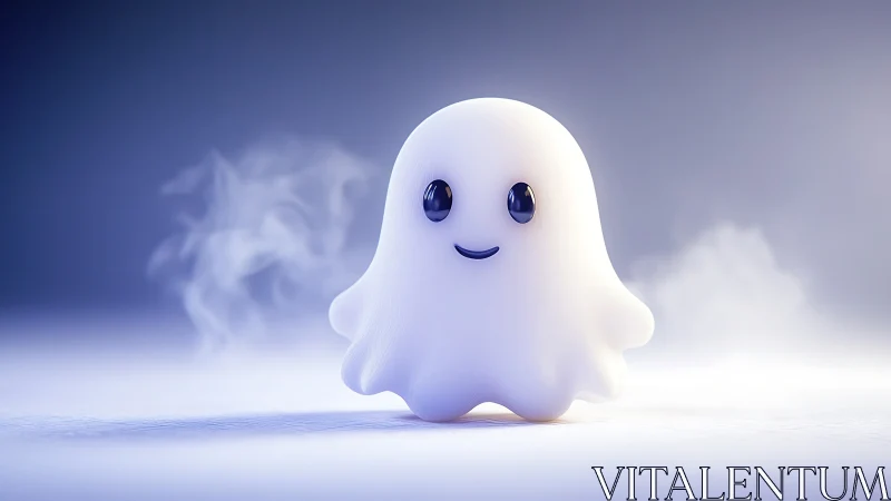 Softly lit 3D ghost character rendered in cool misty glow