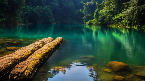 Emerald jungle lagoon with mossy logs resting in clear water.