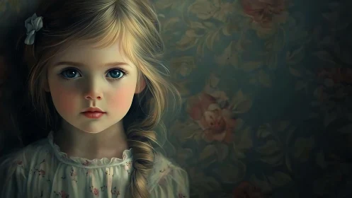 Softly lit girl with braid gazes against floral wall.