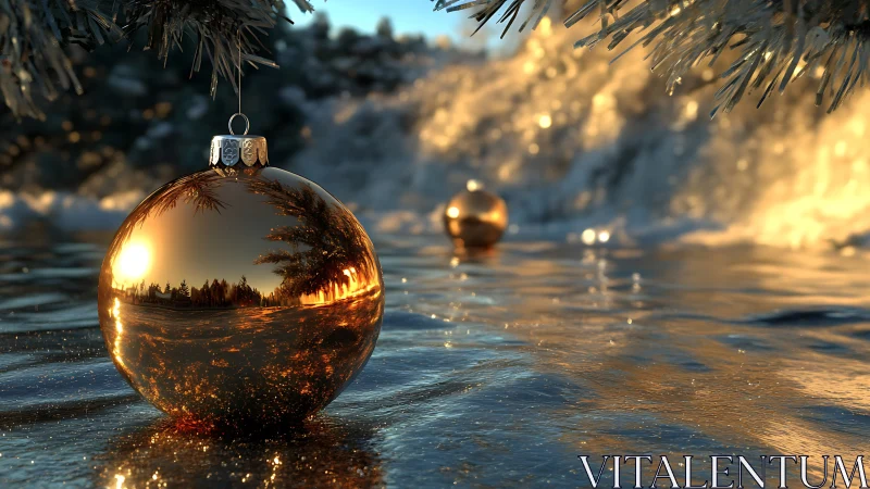 Golden baubles rest on frozen water in soft winter sunrise