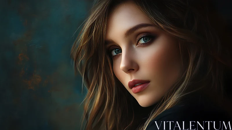 Side portrait of young woman against dark textured backdrop.