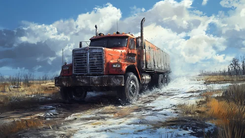 Rust-red freight titan storms through thawing prairie road.