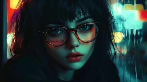 Neon city portrait of girl with glasses and wet hair.