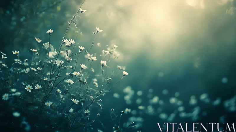 Wild meadow flowers catch soft dawn light through mist