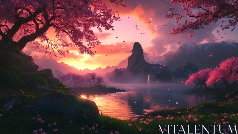 Radiant sakura valley at sunset with volumetric atmosphere.
