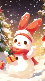 Snowman bunny character celebrates gift-filled winter evening