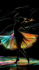 Neon-lit dancer silhouette whirls in radiant motion trails.