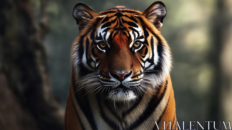 Forest monarch tiger staring down the hush of shadowed light.