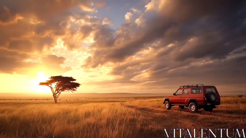 Golden savanna sunset welcomes a lone safari journey