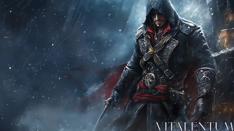 Hooded assassin strides through storm with drawn pistol.