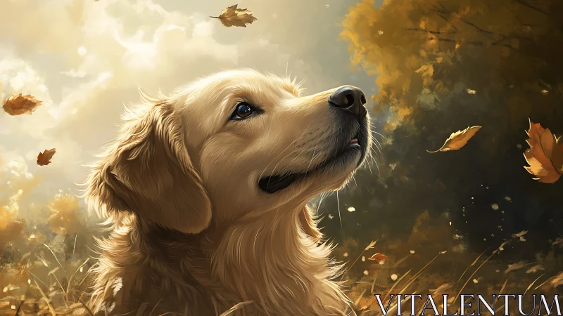 Golden retriever portrait observes autumn leaves in profile