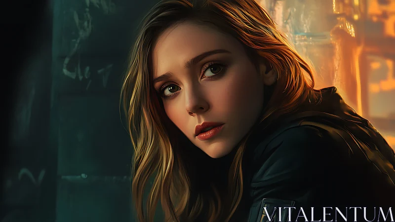 Brooding woman portrait under neon dusk light. Urban edge.