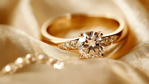 Golden diamond ring glowing softly on silky champagne fabric.
