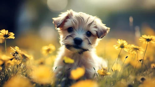 Puppy portrait amid yellow wildflowers at golden hour.