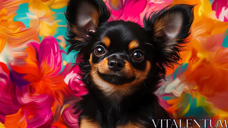 Long haired black chihuahua portrait against vivid abstract