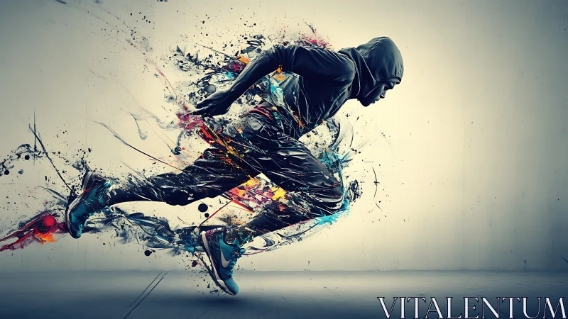 Hooded sprinter erupts into neon paint and kinetic energy.