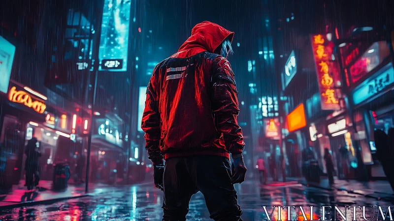 Hooded figure stands in neon city street during rainfall