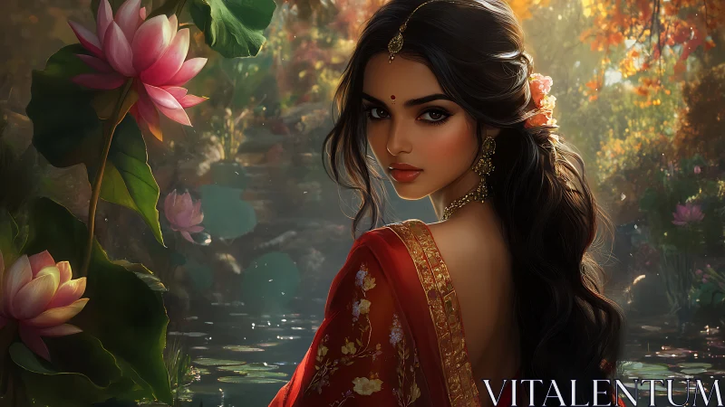 Lotus-lit gaze of a river muse wrapped in scarlet silk.