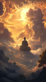 Silhouetted seated figure above cloudscape under bright sun.