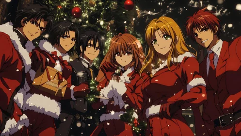 Anime Christmas party group under glowing holiday tree.