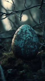 Forest dusk cradles a moss-splattered teal mystery egg.