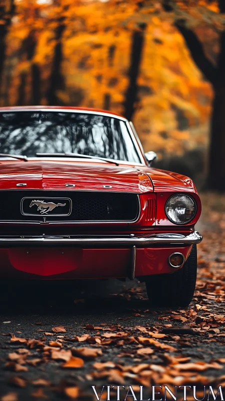 Red classic Ford Mustang framed by blurred autumn foliage