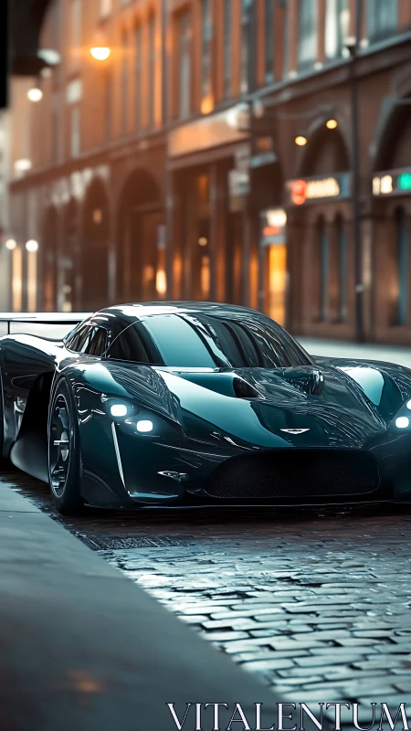 Low-angle view shows a dark hypercar on wet cobblestone street