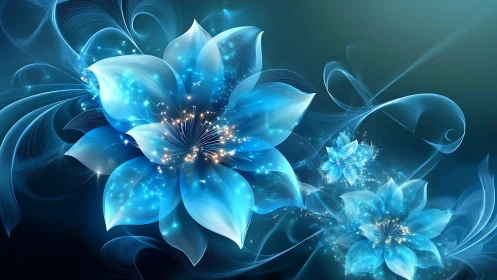 Digital blue floral composition with luminous particle details.
