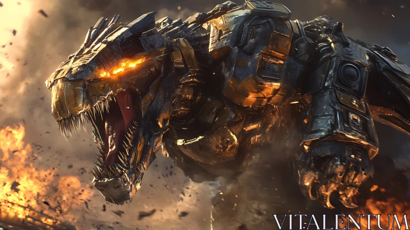 Mechanical dragon in explosive battlefield environment.